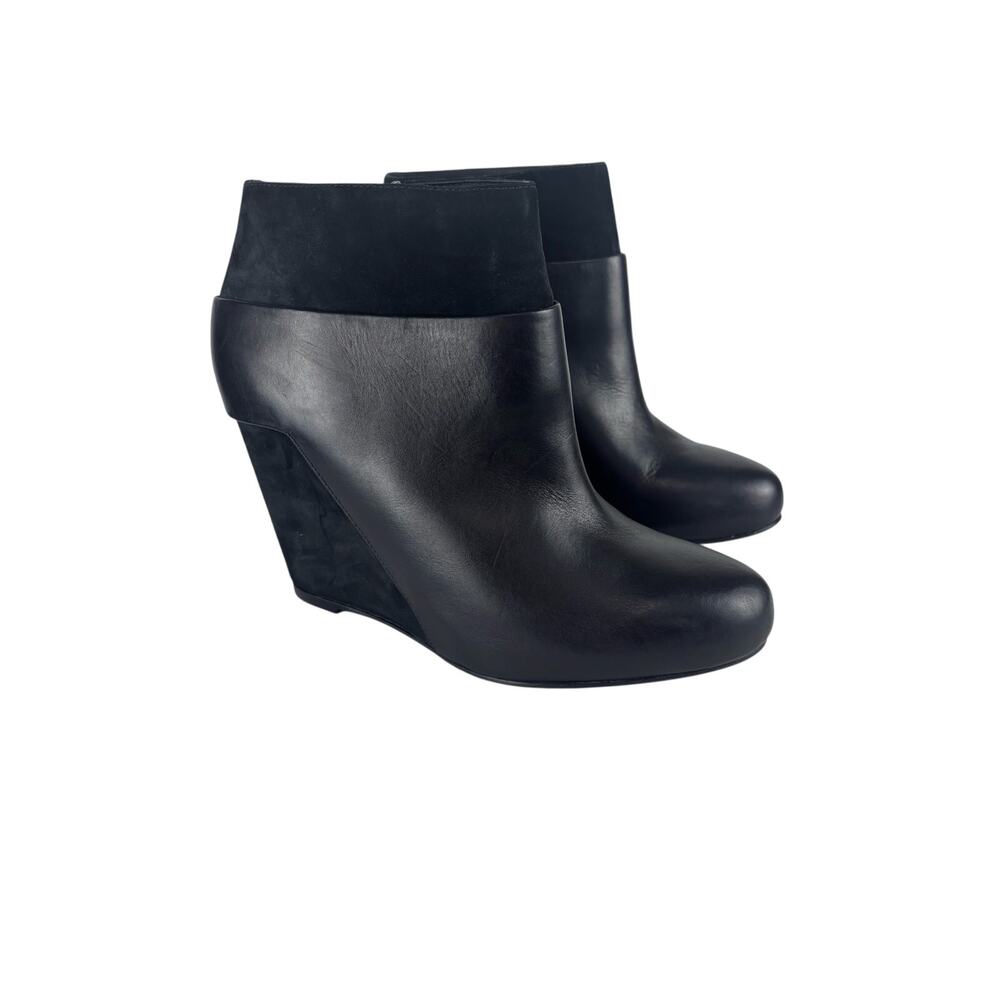 Vince Black Italian Leather Wedge Ankle Booties Suede Heel Women’s Size 8.5 M